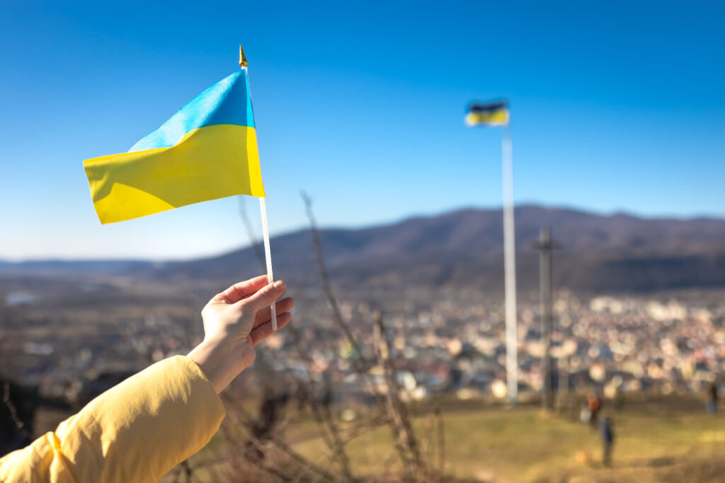 flag ukraine female hands against sky