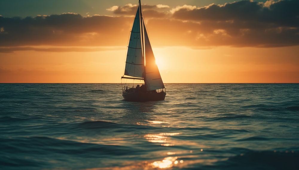 sailboat silhouette glides tranquil sunset waters generated by ai
