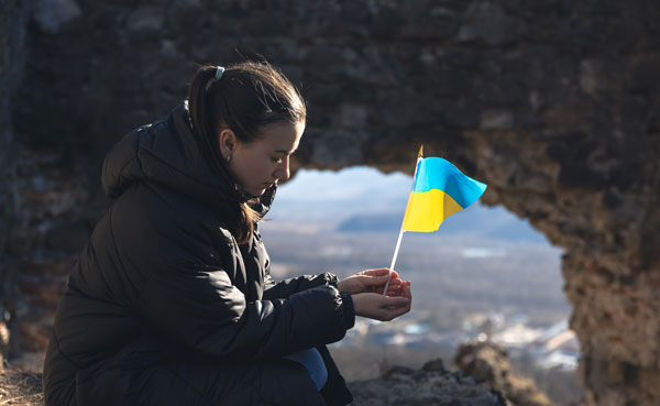 young woman with flag ukraine her hands thumb